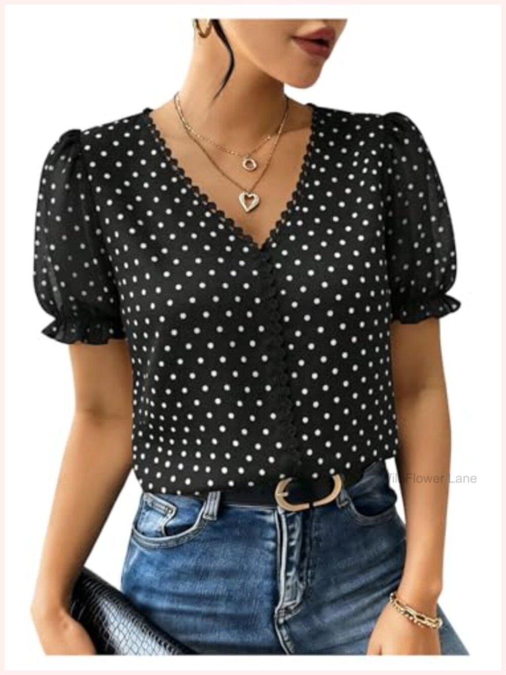 Floerns Polka Dots Chiffon V Neck Ruffle Sleeve Blouse Top